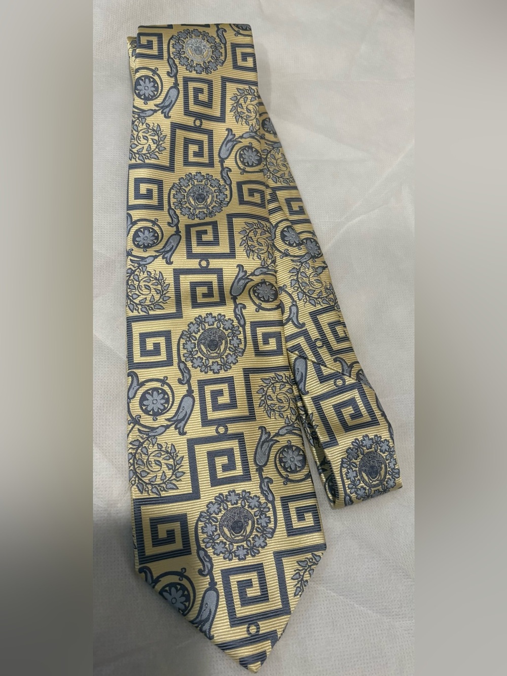 Vintage Versace Baroque yellow Light Blue Medallion Silk Tie with Gold Medusa